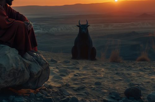 Temptation of Christ. Jesus sits on a rock in the desert, fasting and praying, undergoing a spiritual struggle. The Devil, a dark horned beast, is sitting close to him, trying to tempt him into sin.