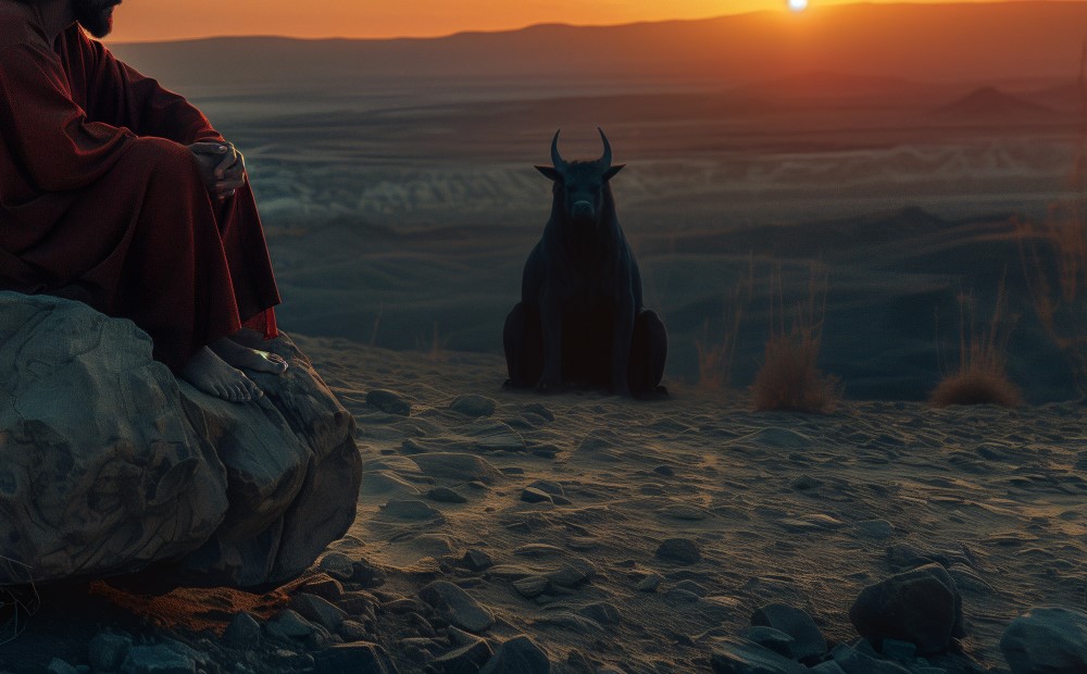 Temptation of Christ. Jesus sits on a rock in the desert, fasting and praying, undergoing a spiritual struggle. The Devil, a dark horned beast, is sitting close to him, trying to tempt him into sin.